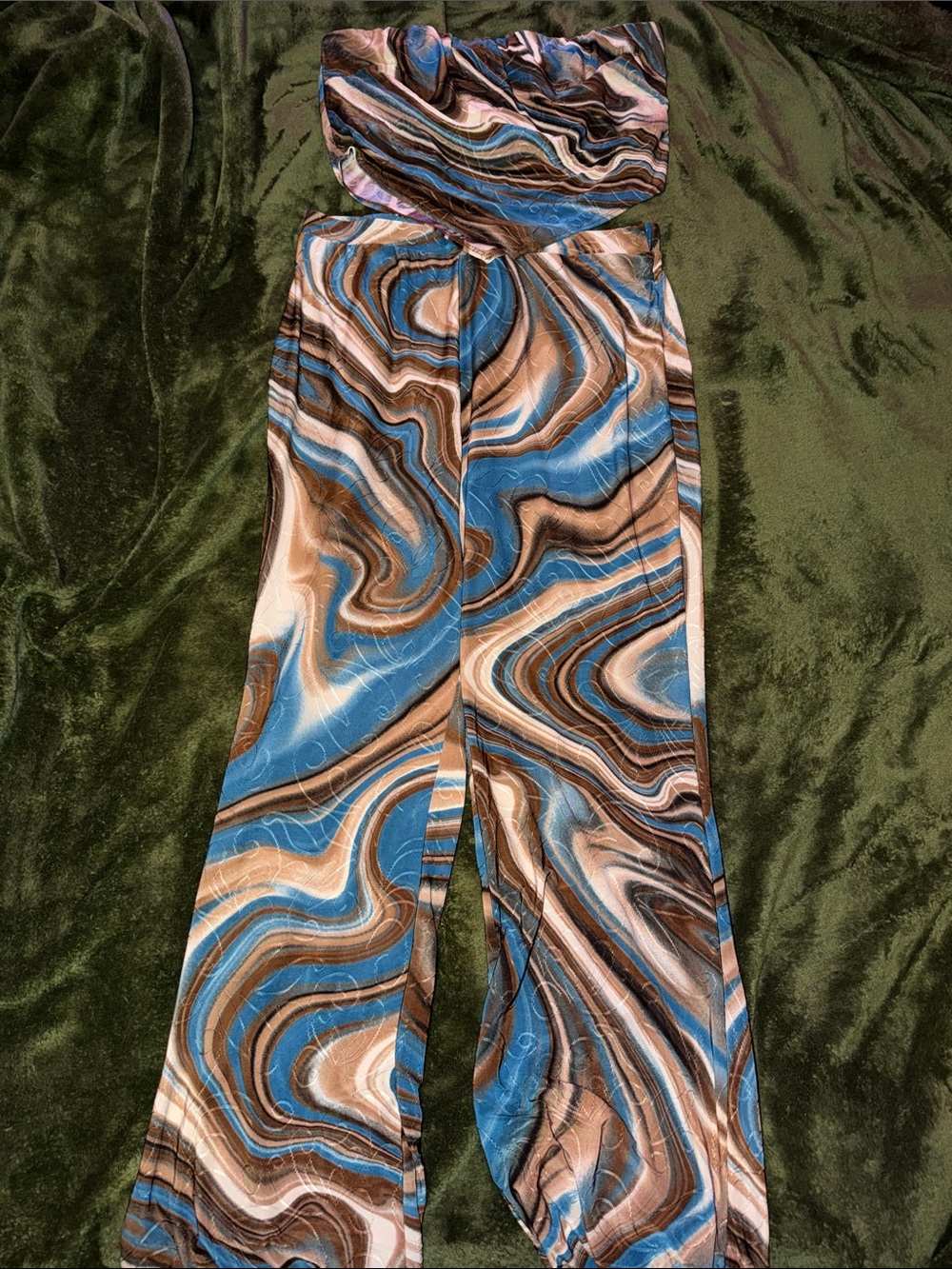 Fashion Nova Strapless Wide-Leg Matching set in Blue & Brown Marble